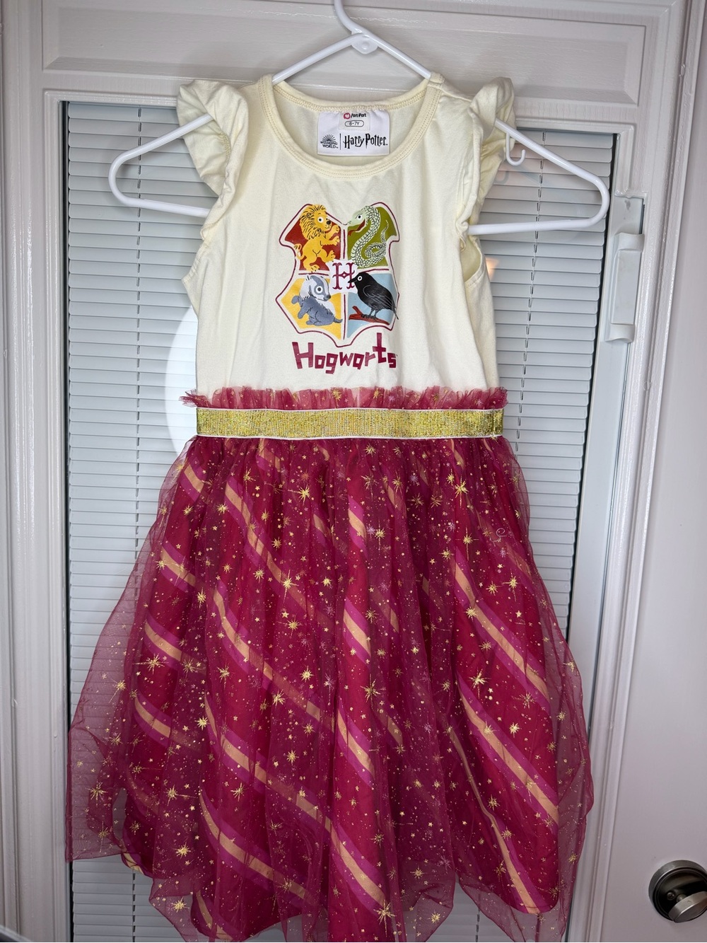 PatPat Cream & Burgundy Hogwarts Tulle Dress with Gold Accents